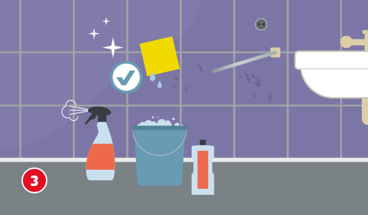 Illustration zum vierten Schritt beim Erneuern einer Silikonfuge. Eine Wand mit lila Fliesen wird mit Haftgrund vorbehandelt: Eine Schleifmaschine, ein Eimer mit Haftgrund und ein Pinsel sind zu sehen. Ein Fragezeichen kennzeichnet die Schleifmaschine, ein Häkchen den Pinsel. Ein nasser Schwamm reinigt die Fläche. Ein Uhrsymbol weist auf die Trocknungszeit hin.