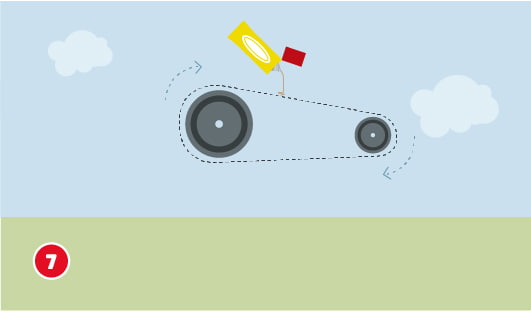 Illustration einer Fahrradkette mit Kettenblättern, über den Blättern sind Pfeile abgebildet und die Kette wird mit einer Tube Kettenöl bearbeitet