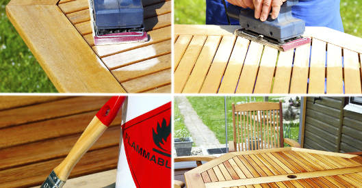 Collage aus vier Bildern, die die Renovierung eines Holztisches zeigen: Oben links und rechts wird der Tisch mit einem Schwingschleifer abgeschliffen. Unten links trägt ein Pinsel Holzschutzmittel aus einer Dose mit Warnsymbol auf. Unten rechts ist das fertig renovierte Möbelstück in einem Garten mit Stuhl zu sehen.