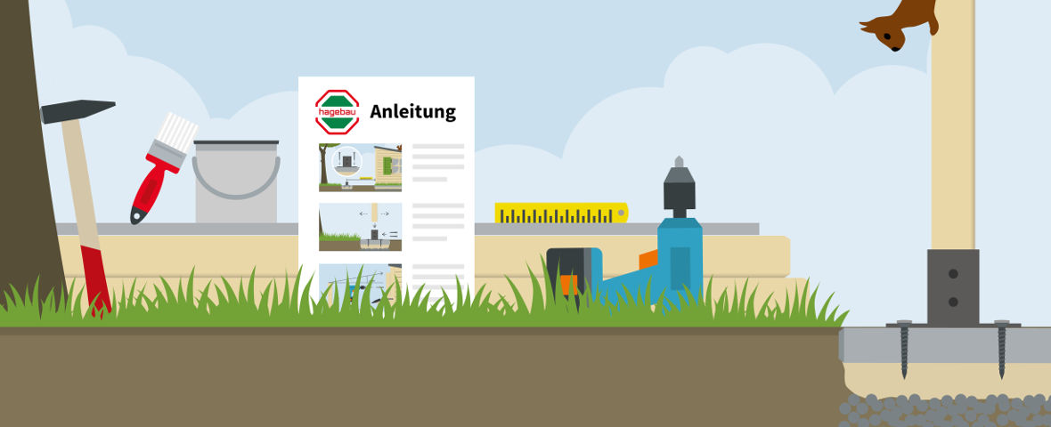 Eine schematische Darstellung zeigt die Vorbereitungen zum Bau eines Vordachs. Im Vordergrund liegen Werkzeuge wie Pinsel, Farbeimer, Wasserwaage, Akkuschrauber und Hammer auf dem Rasen. Rechts ist ein bereits montierter Pfosten auf einem Metallanker zu sehen. Ein Anleitungsblatt mit drei bebilderten Schritten steht in der Mitte