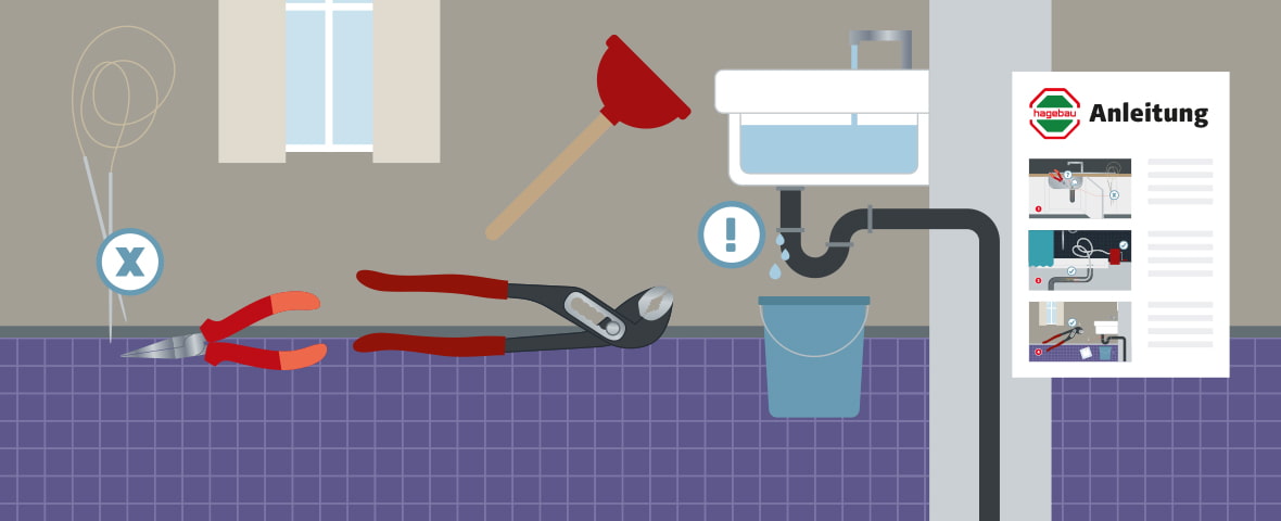 Eine schematische Darstellung zeigt die empfohlene Ausstattung zur Vorbereitung auf die Reinigung eines verstopften Abflusses. Unter dem Waschbecken steht ein Eimer zum Auffangen von Wasser, daneben liegen eine Rohrzange, eine Kombizange und ein Pümpel bereit. Eine Spirale ist mit einem X als ungeeignet markiert. Ein Ausrufezeichen weist auf das Tropfwasser hin, rechts hängt eine Anleitung mit bebilderten Schritten an der Wand