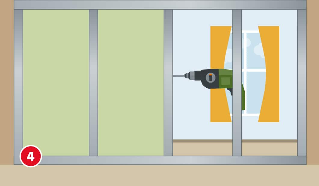 Eine schematische Darstellung zeigt das Verkleiden eines Trockenbau-Ständerwerks mit grünen Gipskartonplatten. Eine Platte wird mit einem Akkuschrauber an den Metallprofilen befestigt. Unten links ist ein roter Kreis mit einer weißen 4