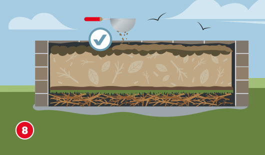Illustration mit dem Titel „Schritt 8“ einer Hagebau-Anleitung zum Bau eines Hochbeets. Im Querschnitt ist das fertige Schichtsystem sichtbar: Unten Äste, darauf Grünabfälle, dann Kompost und oben Gartenerde. Ein kleiner Eimer mit Erde wird als letzte Schicht gleichmäßig aufgetragen.