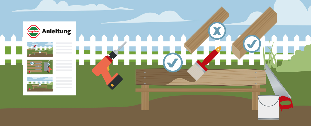 Eine schematische Darstellung zeigt den Aufbau einer Holzbank im Garten. Im Hintergrund steht ein weißer Lattenzaun, im Vordergrund liegt eine Anleitung mit Montageschritten. Um die Bank herum befinden sich Werkzeuge wie Bohrmaschine, Pinsel, Handsäge und ein Farbeimer. Zwei Holzstücke mit Haken und Kreuz markieren richtige und falsche Montageweisen