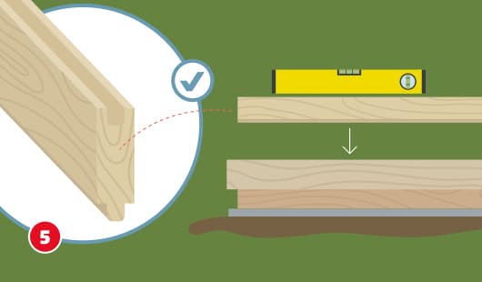 Eine schematische Darstellung zeigt das Montieren von Wandbohlen für ein Gartenhaus. Im rechten Bildteil werden die Bohlen aufeinandergesetzt und mit einer Wasserwaage ausgerichtet. Links ist ein Detailausschnitt der Nut-und-Feder-Verbindung mit Haken-Symbol zu sehen. Unten links ist ein roter Kreis mit einer weißen 5
