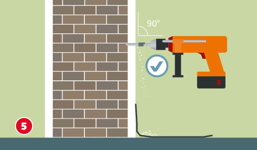 Eine schematische Darstellung zeigt, wie mit einer Schlagbohrmaschine ein Loch in eine gemauerte Wand gebohrt wird. Der Bohrer wird exakt im 90°-Winkel zur Wand geführt. Ein Häkchensymbol bestätigt die korrekte Ausführung. Unterhalb des Bohrlochs liegt eine aufgeklappte Staubschutzhilfe, um herausfallenden Bohrstaub aufzufangen. Unten links ist ein roter Kreis mit einer weißen 5