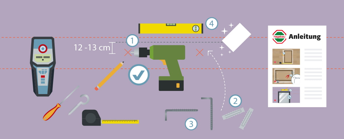 Eine schematische Darstellung zeigt die Vorbereitung zur Montage eines großen Wandspiegels. Abgebildet sind Bohrmaschine, Schraubendreher, Maßband, Wasserwaage, Bleistift, Spiegelhalter, Schrauben und Dübel. Ein Balkenfinder kennzeichnet die empfohlene Bohrhöhe von 12–13 cm. Ein Häkchensymbol markiert den korrekt geplanten Bohrpunkt. Rechts im Bild liegt eine bebilderte Anleitung mit drei Schritten