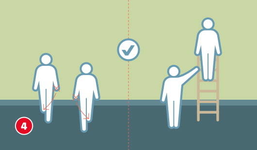 Eine schematische Darstellung zeigt zwei empfohlene Möglichkeiten für einen sicheren Stand beim Bohren. Links nimmt eine einzelne Person einen Ausfallschritt zur Wand hin ein, mit leicht gespreizten Beinen für mehr Stabilität. Rechts arbeitet eine zweite Person auf einer Leiter, während eine helfende Person die Leiter sichert. Ein Häkchensymbol markiert beide Varianten als korrekt. Unten links ist ein roter Kreis mit einer weißen 4