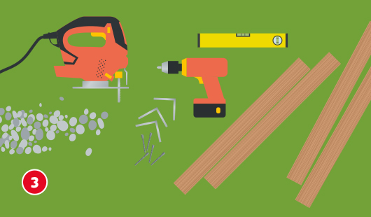 Illustration mit dem Titel „Schritt 3“ einer Hagebau-Anleitung zum Bau eines Sandkastens. Auf grünem Untergrund sind alle benötigten Werkzeuge und Materialien zu sehen: eine Stichsäge, ein Akkuschrauber, eine Wasserwaage, Metallwinkel, Schrauben, Kies und mehrere Holzbretter.