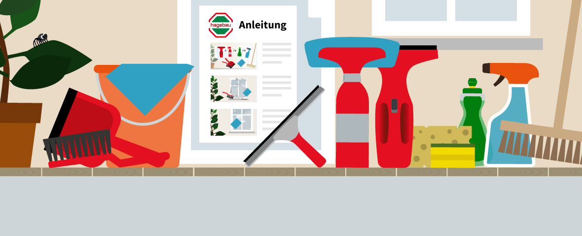 Eine schematische Darstellung zeigt eine Auswahl empfohlener Reinigungsgeräte und Reinigungsmittel zum Fensterputzen. Abgebildet sind Eimer mit Lappen, Fensterabzieher, Sprühflasche, Schwämme, Besen, Reinigungsmittel und ein elektrischer Fenstersauger. Im Hintergrund hängt eine Anleitung mit bebilderten Schritten an der Wand unter einem Fenster. Links steht eine Topfpflanze auf der Fensterbank