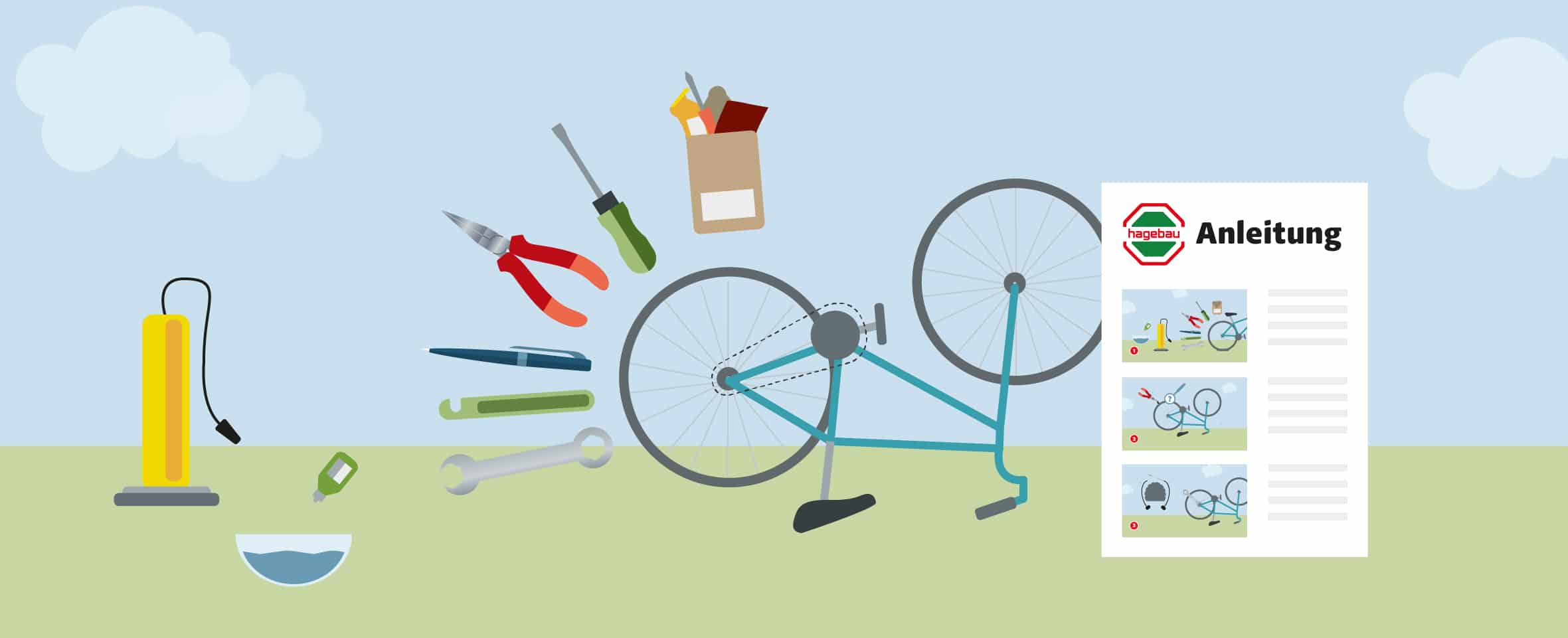 Illustration eines umgedrehten Fahrrads mit entfernter Kette. Rundherum sind verschiedene Werkzeuge abgebildet, darunter Luftpumpe, Reifenheber, Maulschlüssel, Schraubenzieher, Zange, Kleber, Wasserbehälter und Flickzeug. Rechts im Bild ist ein Anleitungsblatt mit dem Logo „hagebau“ und drei bebilderten Schritten zu sehen