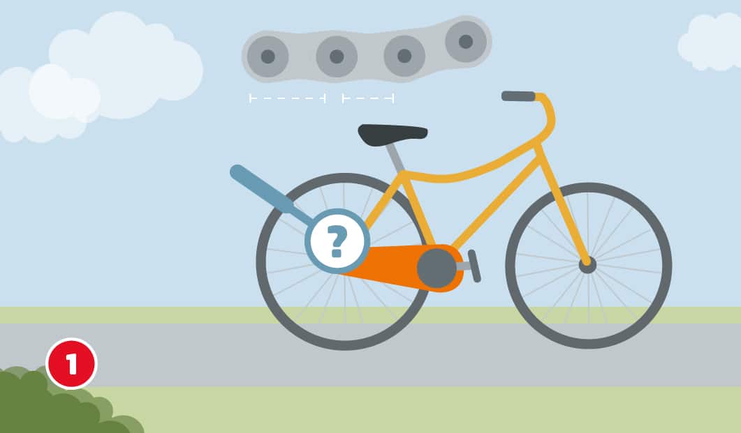 Illustration eines Fahrrads, darüber ist eine Fahrradkette mit Markierung zur Längenmessung zu sehen, auf das hintere Rad zeigt eine Lupe mit einem Fragezeichen