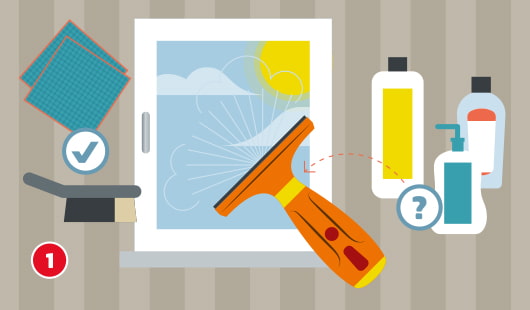 Eine schematische Darstellung zeigt die empfohlene Ausstattung zum Fensterputzen mit einem Fenstersauger. Abgebildet sind Mikrofasertücher, eine Sprühflasche mit Wischaufsatz und verschiedene Reinigungsmittel. Ein Häkchensymbol markiert geeignete Reinigungstücher, ein Fragezeichensymbol weist auf die Wahl eines passenden Reinigers hin. Unten links ist ein roter Kreis mit einer weißen 1