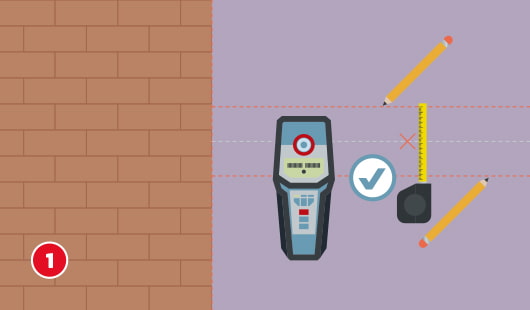 Eine schematische Darstellung zeigt den Einsatz eines Balkenfinders zur Lokalisierung von Balken in der Wand. Links ist eine Ziegelwand, rechts wird der Balkenfinder korrekt positioniert. Ein Maßband und zwei Bleistiftmarkierungen helfen bei der Ausrichtung. Ein Häkchensymbol kennzeichnet die richtige Stelle für die spätere Bohrung. Unten links ist ein roter Kreis mit einer weißen 1