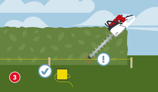 Eine schematische Darstellung zeigt eine Hecke, entlang der eine gespannte Mauerschnur als Orientierung für den Schnitt verläuft. Eine motorisierte Heckenschere wird vorsichtig an der oberen Schnittkante geführt. Ein Häkchensymbol markiert die richtige Schnurausrichtung, ein Ausrufezeichensymbol warnt vor Berührung mit dem Faden. Unten links ist ein roter Kreis mit einer weißen 3