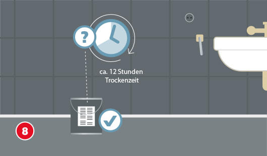 Illustration zum siebten Schritt beim Erneuern einer Silikonfuge. Ein Fliesenbereich wird mit einer Farbrolle ein zweites Mal gestrichen, links ist der Bereich bereits dunkelgrau übermalt. Daneben steht ein Farbeimer mit Rührstab. Ein Uhrsymbol mit Häkchen zeigt die notwendige Trockenzeit an.