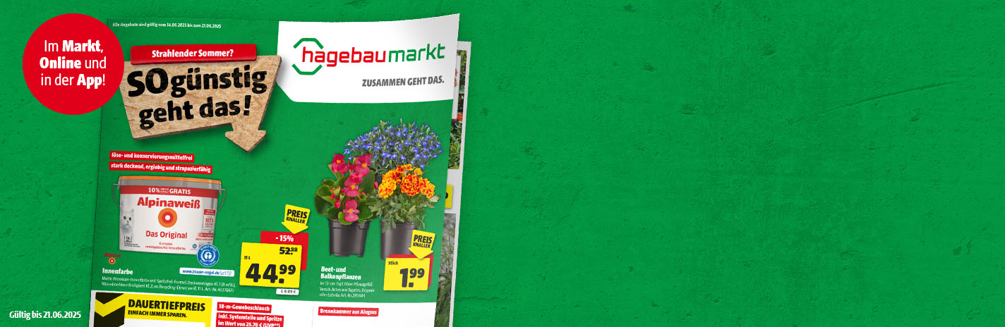 Abbildung eines hagebaumarkt Prospektes. Spare mit unseren Angeboten im Markt, online und in der App.