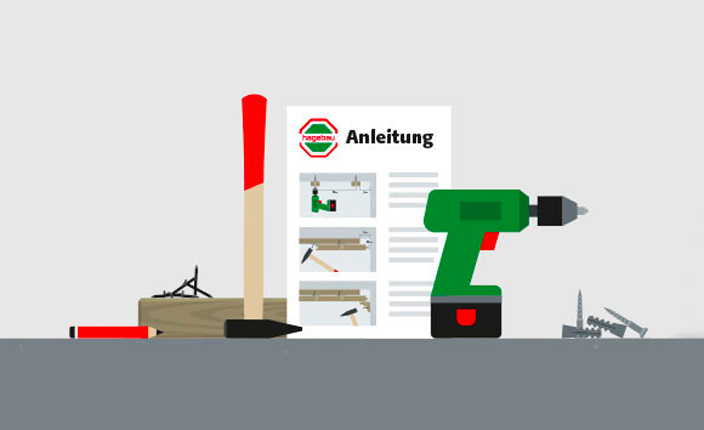 Zeichnung mit Anleitung und Bohrer und Hammer