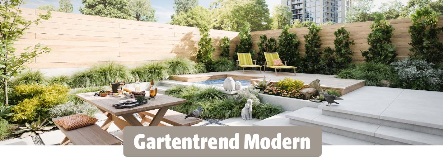 Moderner Garten mit klaren Linien, Holzterrasse, Lounge-Bereich und stilvoller Bepflanzung.