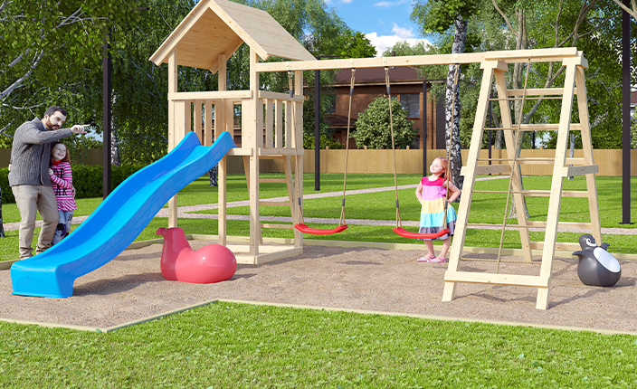 Ein Spielplatz mit Kindern drauf und einem Mann