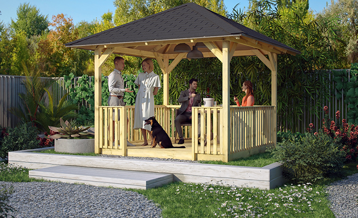 Ein Karibu Pavillion mit vier Menschen drin, das Pavillion steht in einem Garten