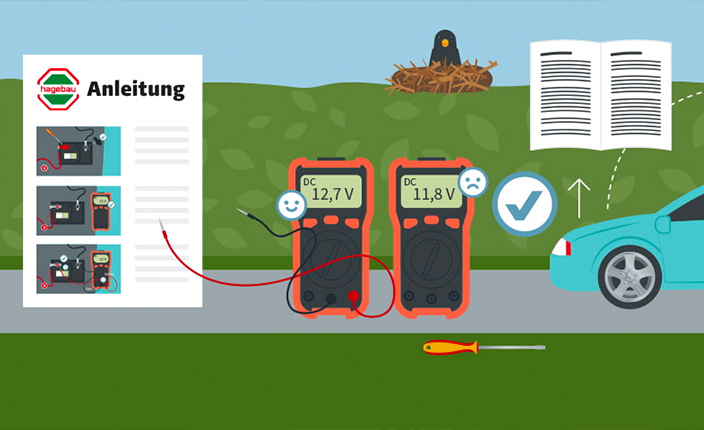 Eine Illustration von zwei Messgeräten, die eine Autobaterrie prüfen.