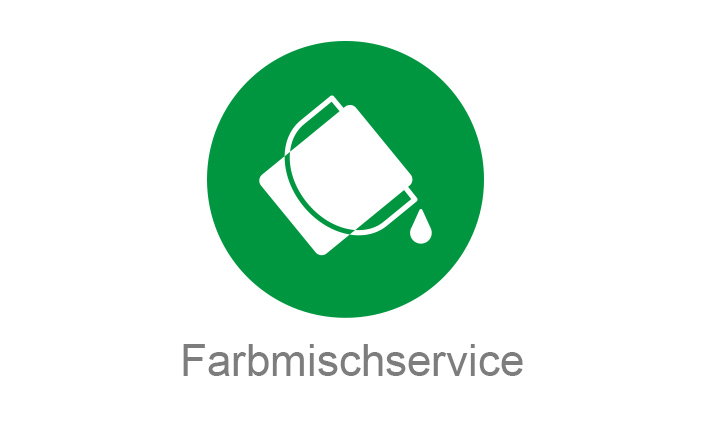 Grüner Kreis mit weißem Symbol eines schräg gekippten Farbeimers, aus dem ein Tropfen fällt. Darunter graue Schrift: Farbmischservice