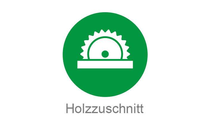 Grüner Kreis mit weißem Symbol einer Kreissäge auf einer Unterlage. Darunter graue Schrift: Holzzuschnitt