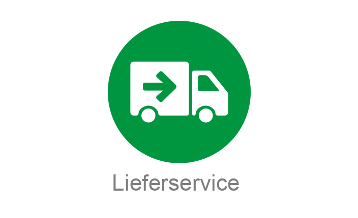 Grüner Kreis mit weißem Symbol eines Lieferwagens mit Pfeil nach rechts auf der Ladefläche. Darunter graue Schrift: Lieferservice
