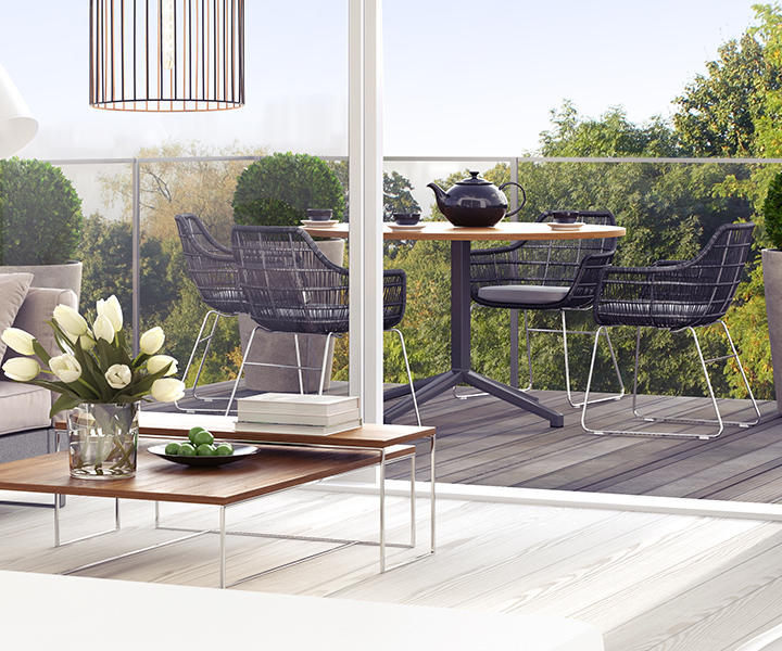 Eine Wohnung mit einer Terrasse die Möbeliert ist mit Casaya Eigenmarken Produkten