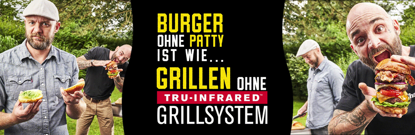 Abbildung von vier Männern die sich sich Burger anschauen mit einer Abbildung in der Mitte  zu 