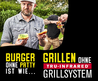 Abbildung von zwei Männern die sich sich Burger anschauen mit einer Abbildung in der Mitte  zu 