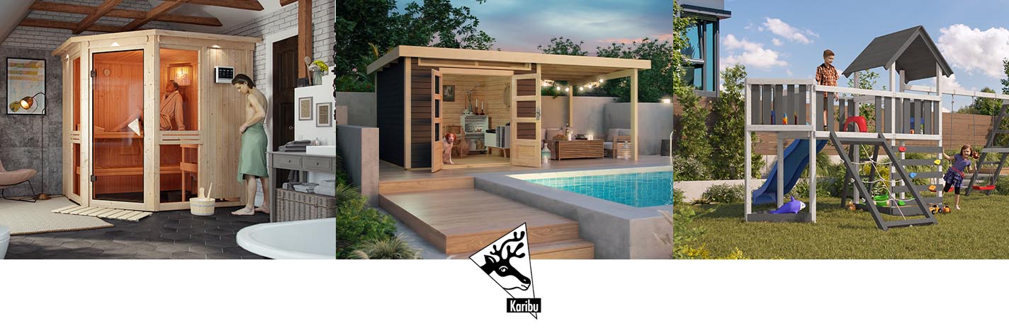 Drei verschiedene Karibu Produktdarstellungen, von einer Sauna, einem Geräteschuppen und einem Spielplatz für Kinder