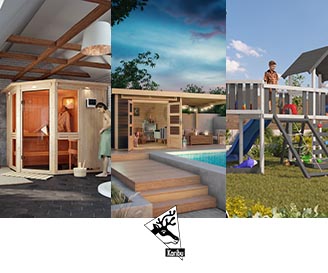 Drei verschiedene Karibu Produktdarstellungen, von einer Sauna, einem Geräteschuppen und einem Spielplatz für Kinder