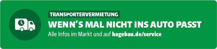 Grüner Banner mit weißem Transporter-Symbol und Text zur Transportervermietung bei Hagebau.