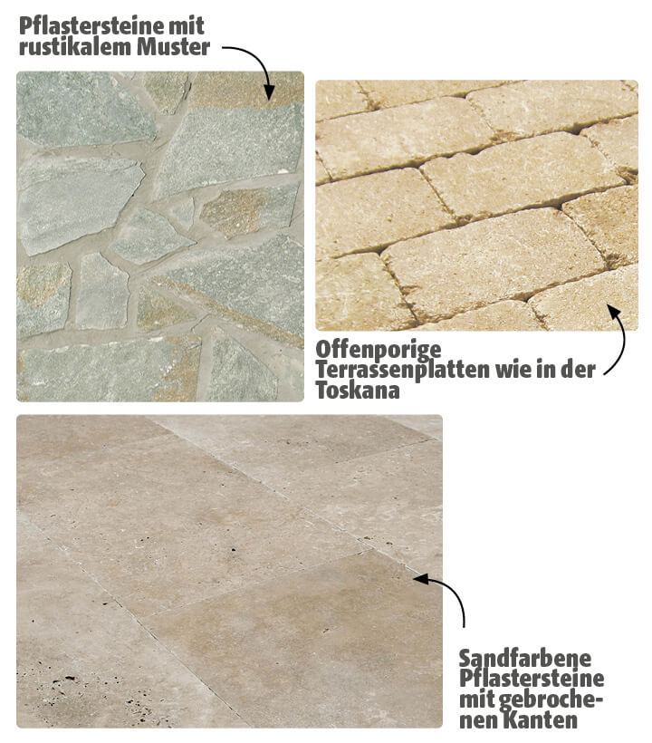 Drei mediterrane Bodenbeläge im Vergleich: rustikale Pflastersteine, sandfarbene Pflaster mit gebrochenen Kanten und offenporige Terrassenplatten wie in der Toskana. Oben im Bild befinden sich ergänzende Texte.