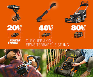 Ein Teaserbild mit drei verschiedenen Worx geräten und zwei Männern die Worx Geräte bedienen