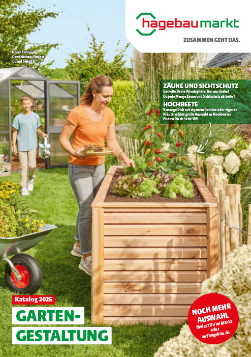 Die Titelseite eines Kataloges zum Thema Gartengestaltung, auf der eine Frau vor einem Hochbeet steht.
