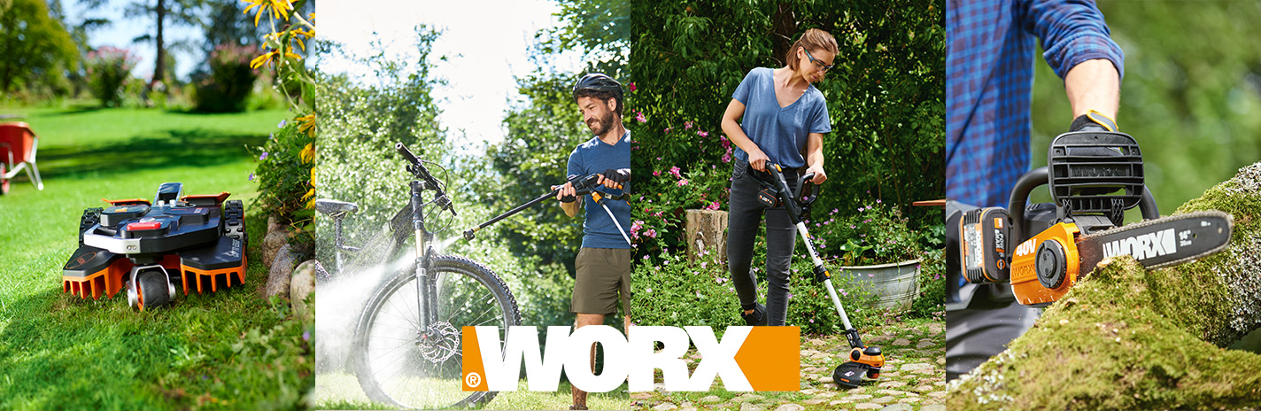 Vier verschiedene Abbildungen von Worx Geräten die bedient werden