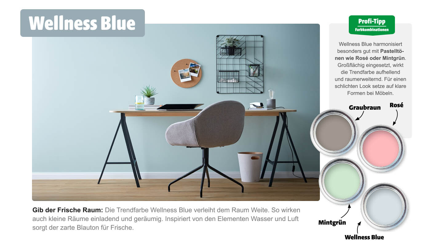Büro mit der Wandfarbe Wellness Blue und vier Farbtöpfen mit Farbkombinationen