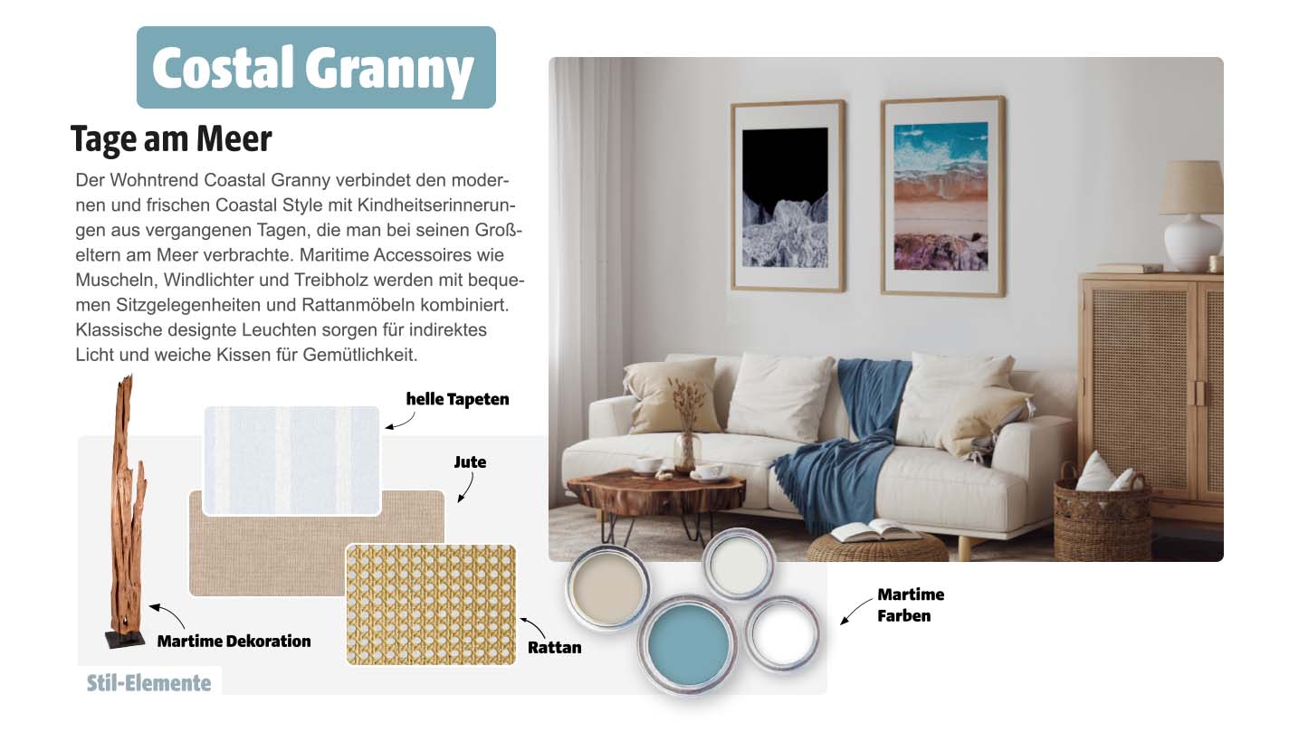 Elegant eingerichtete Wohnzimmerkulisse, links daneben ein Bild mit einigen einzelnen Stilelementen zur Einrichtung