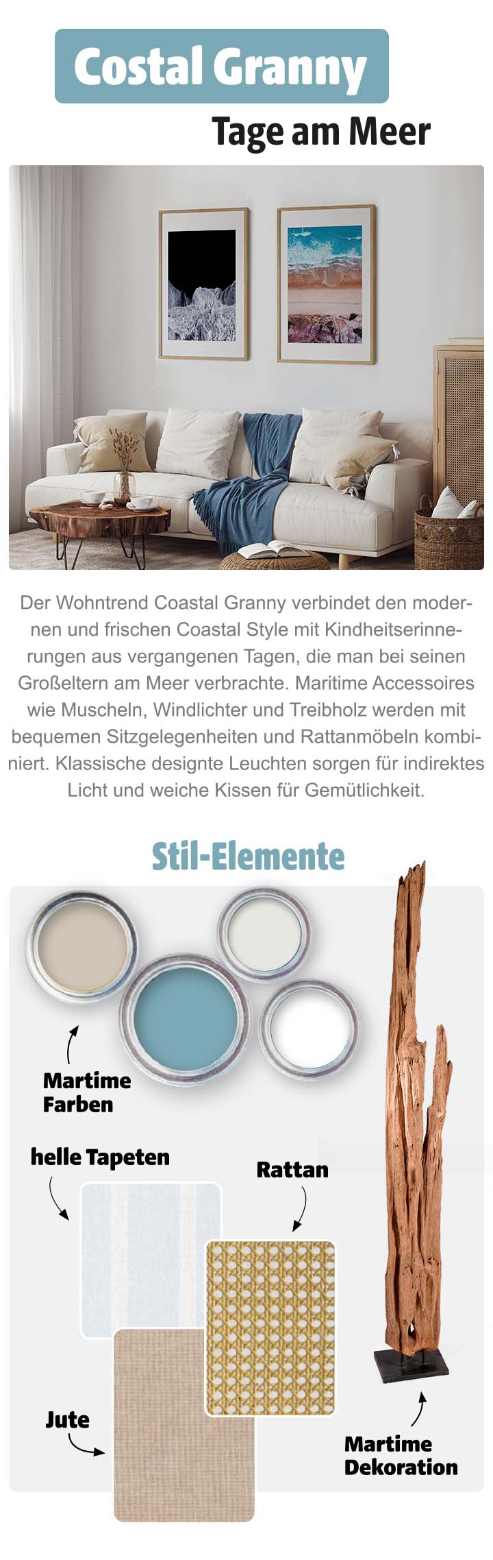 Elegant eingerichtete Wohnzimmerkulisse, links daneben ein Bild mit einigen einzelnen Stilelementen zur Einrichtung