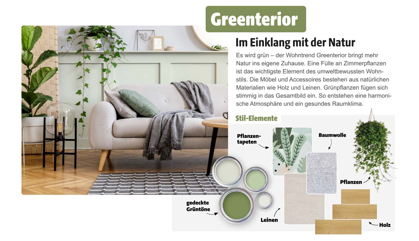 Grünes Wohnzimmer im Greenterior-Stil mit Sofa, Holz- und Leinen-Elementen sowie vielen Pflanzen für eine natürliche Atmosphäre.