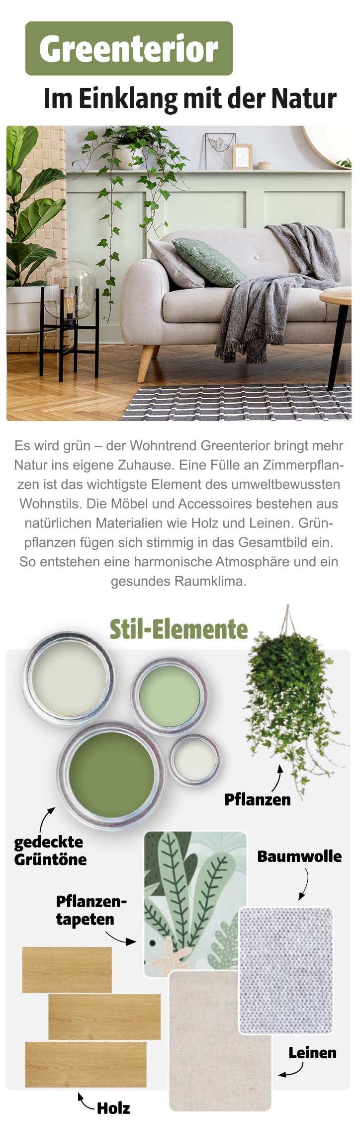 Grünes Wohnzimmer im Greenterior-Stil mit Sofa, Holz- und Leinen-Elementen sowie vielen Pflanzen für eine natürliche Atmosphäre.