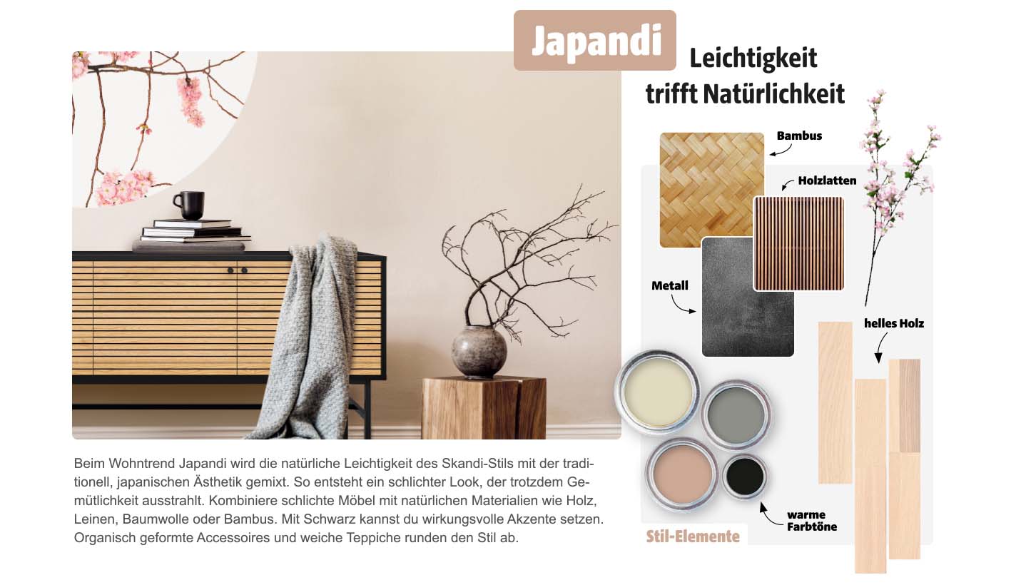Wohnzimmer im Japandi-Stil mit hellem Holz, Bambus, schwarzen Akzenten, Naturmaterialien und warmen Farbtönen