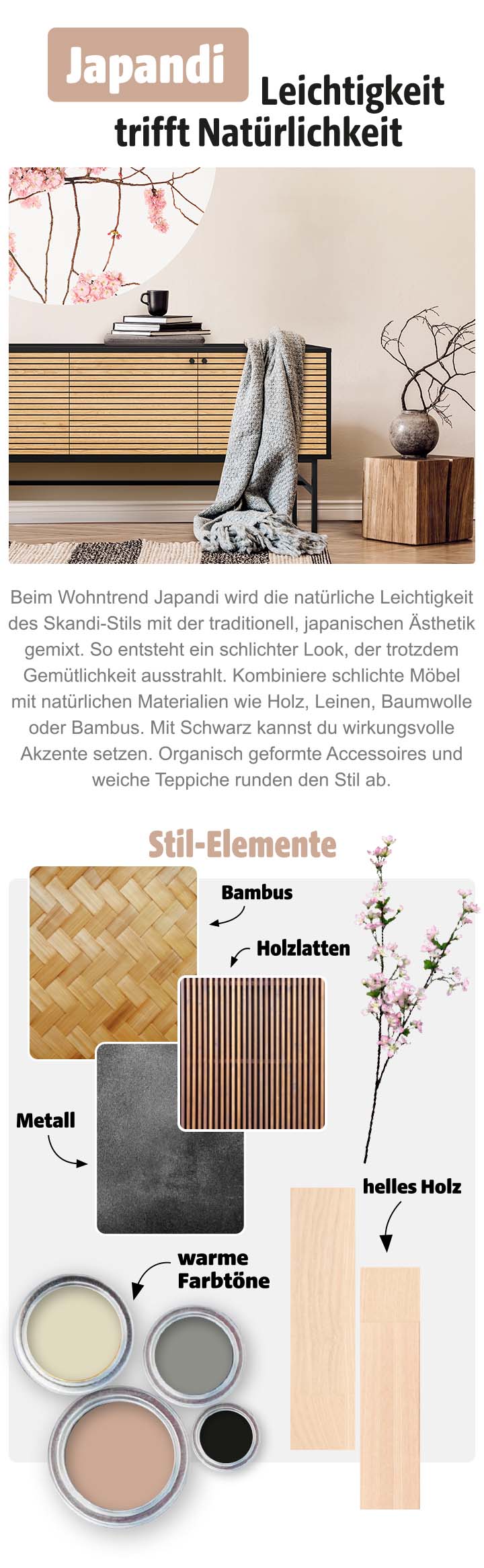 Wohnzimmer im Japandi-Stil mit hellem Holz, Bambus, schwarzen Akzenten, Naturmaterialien und warmen Farbtönen
