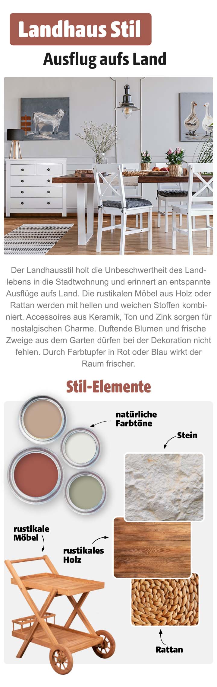 Geschmackvoll eingerichtete Esszimmerkulisse, rechts daneben ein Bild mit einigen einzelnen Stilelementen zur Einrichtung