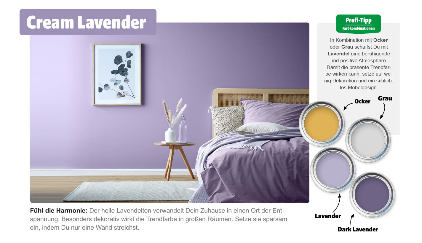 Schlafzimmer mit der Wandfarbe Cream Lavender und vier Farbtöpfen mit Farbkombinationen