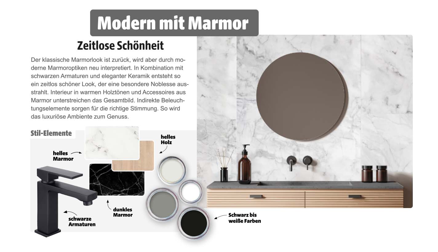 Badezimmer im Modern mit Marmor Stil mit weißem und schwarzem Marmor, schwarzen Armaturen, hellem Holz und kontrastreichen Farben