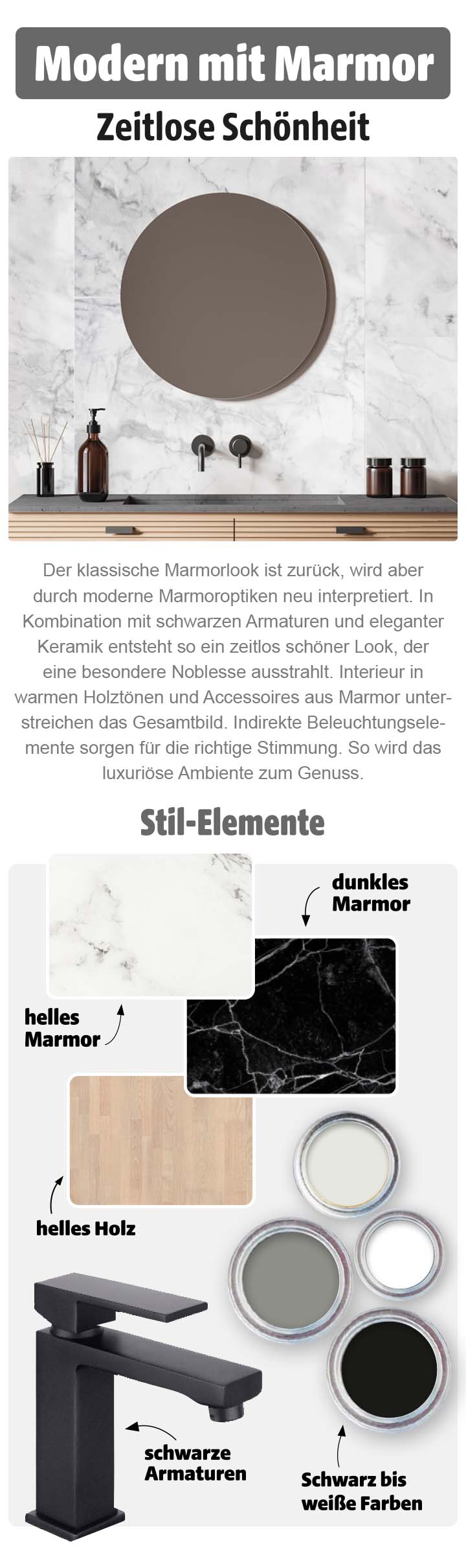 Badezimmer im Modern mit Marmor Stil mit weißem und schwarzem Marmor, schwarzen Armaturen, hellem Holz und kontrastreichen Farben